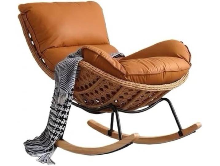 TINGMIAN Handgefertigter Rattan-Webstuhl, bequemer Lounge-Stuhl Bequemer Loungesessel aus PU-Leder, gepolstert, für Erwachsene, ideales Wohnzimmer oder Schlafzimmer (Khaki)
