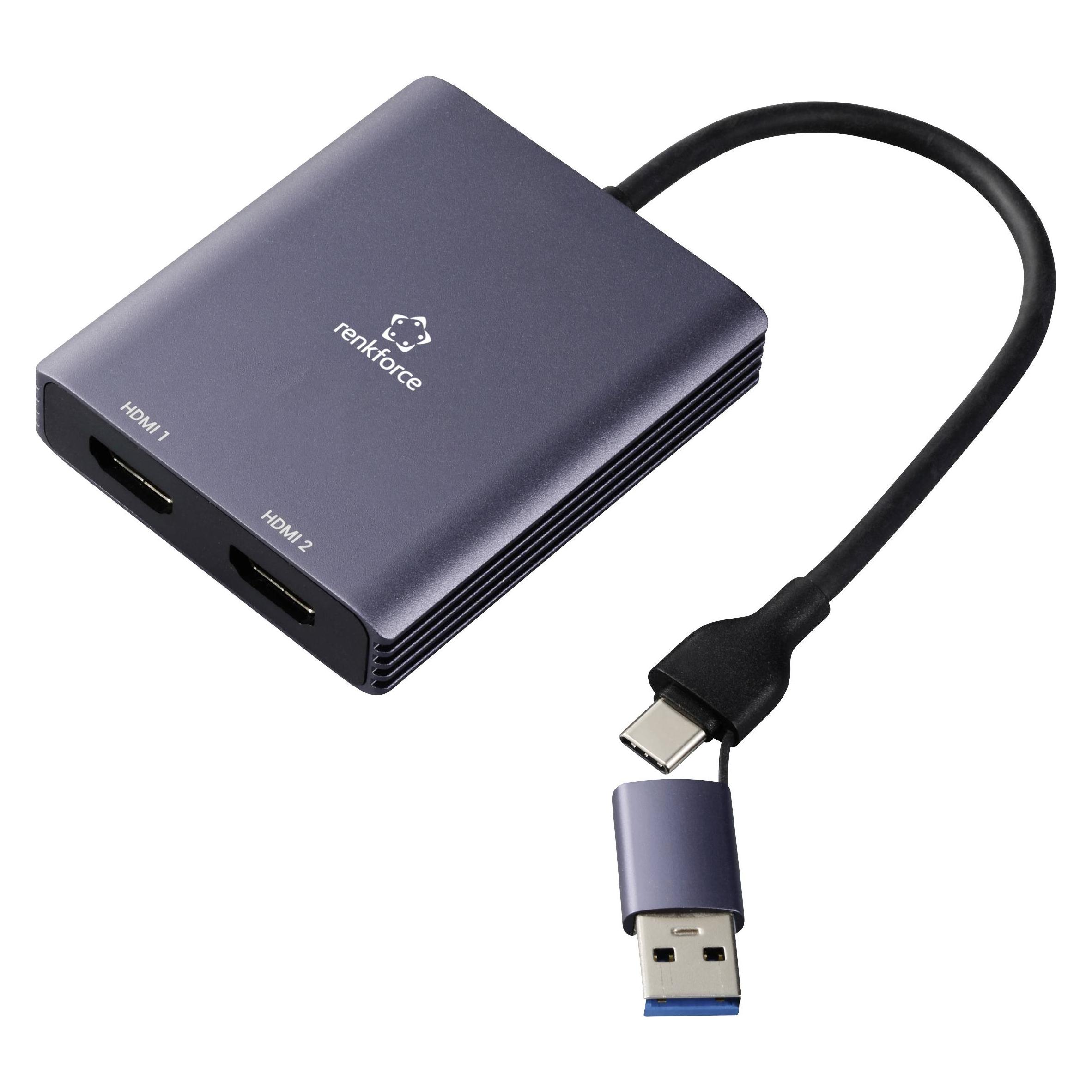 Renkforce RF-6418198 USB-C / HDMI Adapter (1x USB-A, USB-C - 2x HDMI) Grau 4K (HDMI) (RF-6418198)