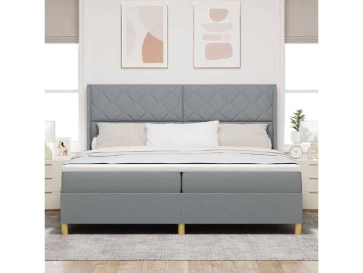 KTHLBRH Boxspringbett hellgrau 200x200 cm mit Kopfteil Mittelgroße Matratze, Holzrahmen, goldene Beine, verstellbares Kopfteil