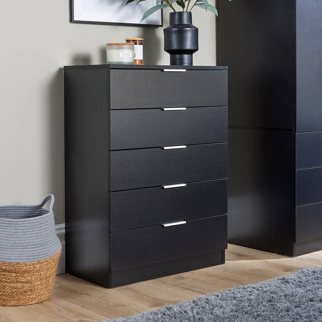 BigFurnitureWarehouse Phoenix 5 Drawer Chest Bedroom Storage Unit Black 90cm H X 63cm W X 35cm D
