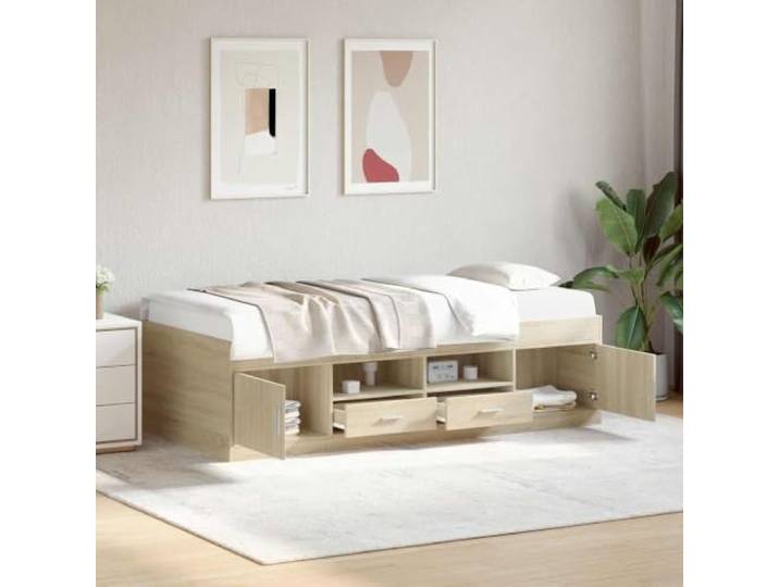 RJPLMFV Bettgestell, Aufbewahrung, 80 x 200 cm, Eiche Holzwerkstoff, Schubladen und Regale, Lattensockel inklusive, modernes Design
