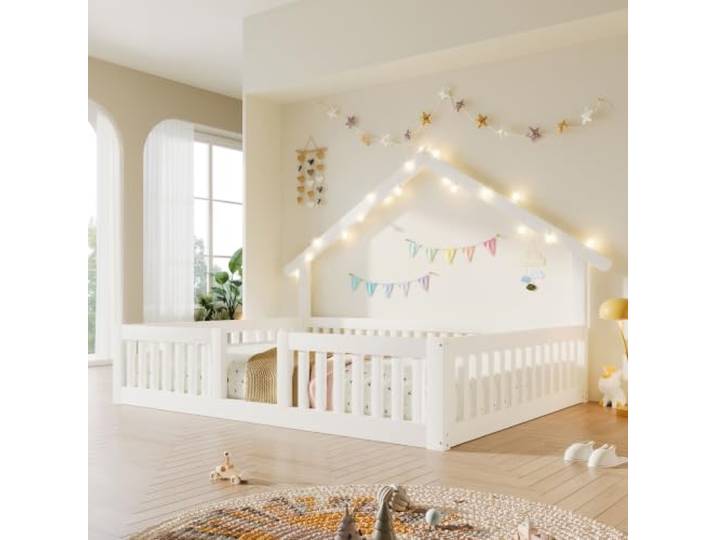 DRLXUN Holzbett Hausbett 140x200 mit LED-Licht & USB & Rausfallschutz, Weiß Multifunktionales Kinderbett Hausbett 140x200 Doppelbett mit LED-Beleuchtung, USB-Anschluss und Rausfallschutz, Ohne Matratze