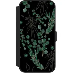 Nivocase Klapphülle für Apple iPhone 14 Pro Max Handyhülle aus Kunst Leder NIVOflip schwarz Blätter Natur (Apple iPhone 14 Pro Max), Smartphone Hülle, Schwarz