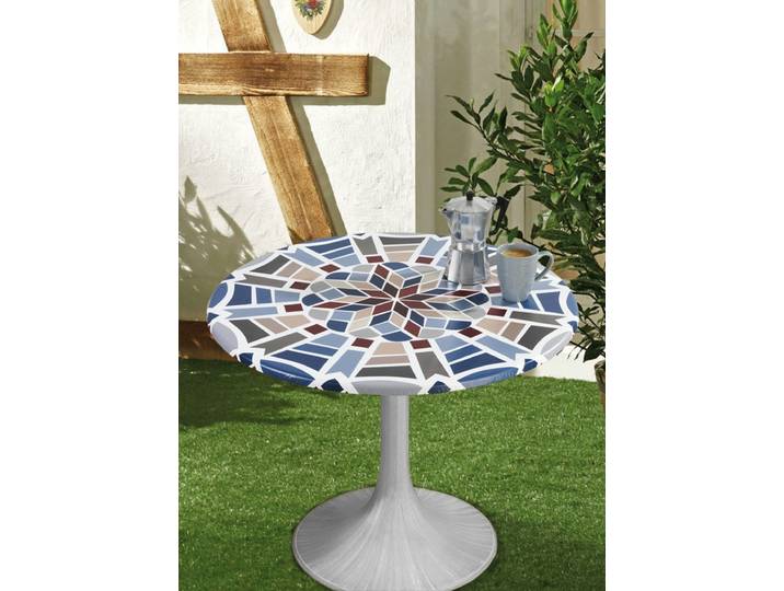 Spann-Tischdecke mit Mosaik-Dessin, Blau, Größe 190 (ø 85–105 cm)