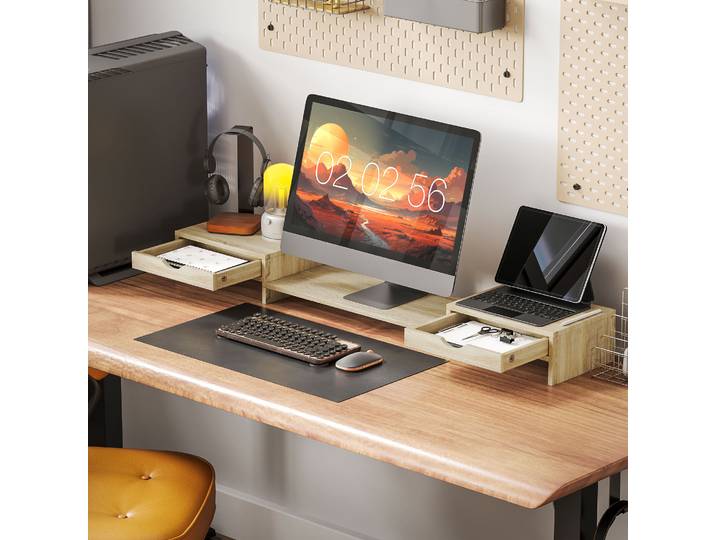 HOMCOM Support Écran PC Réglable 60-116cm avec 2 Tiroirs