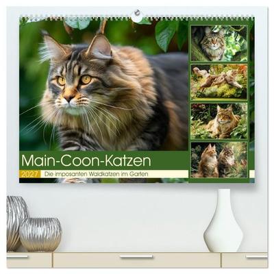 Main-Coon-Katzen. Die imposanten Waldkatzen im Garten (hochwertiger Premium Wandkalender 2027 DIN A2 quer), Kunstdruck in Hochglanz
