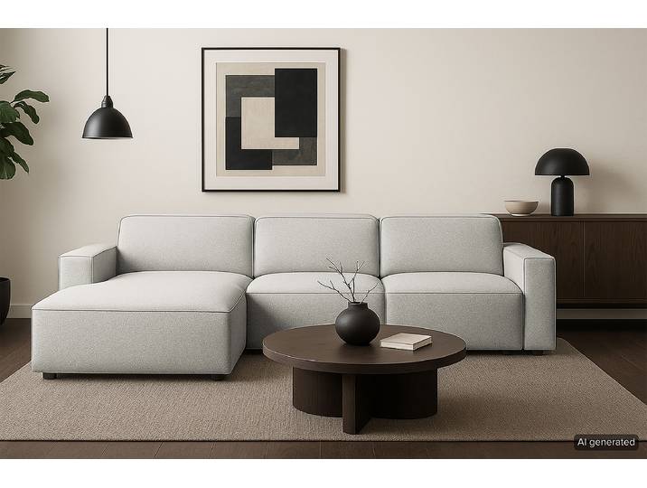 Ecksofa mit Longchair Typ A Grau Chenille Raica 284 x 70 x 166cm Longchair davorstehend links Modern