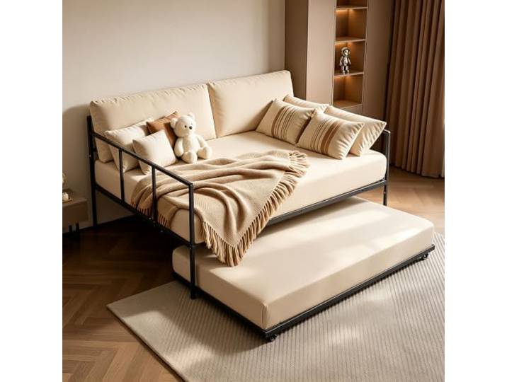 VEVOR Tagesbett Bettgestell bis 180 kg 2-in-1-Ausziehbett 1960x1375x970 mm Ausziehbares Bett für Wohnzimmer Schlafzimmer Gästezimmer, für 2 Personen, Metall-Konstruktion, Feststellbare Rollen, Schwarz