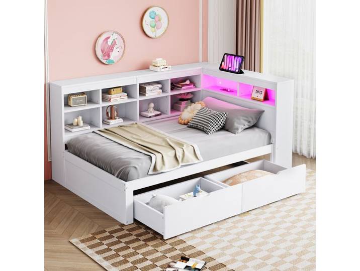 Canapé Lit 90x200cm Avec Prise Usb Et Bande Lumineuse Led lit Banquette avec Compartiments Rangement Lit Enfant 90x200cm Blanc