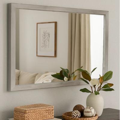 Benjara 48 Inch Kim Solid Acacia Wood Dresser Mirror, Mitered Edge, Heather Gray