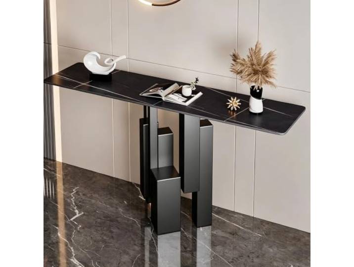 Moderner Konsolentisch, Sinterstein Flurtisch mit Eisenrahmen, Schlank Sintersteinplatte, Kratzfest, Stabiler Eisenrahmen, Eingangsbereich, Wohnzimmer(Black,59.1 (150cm))