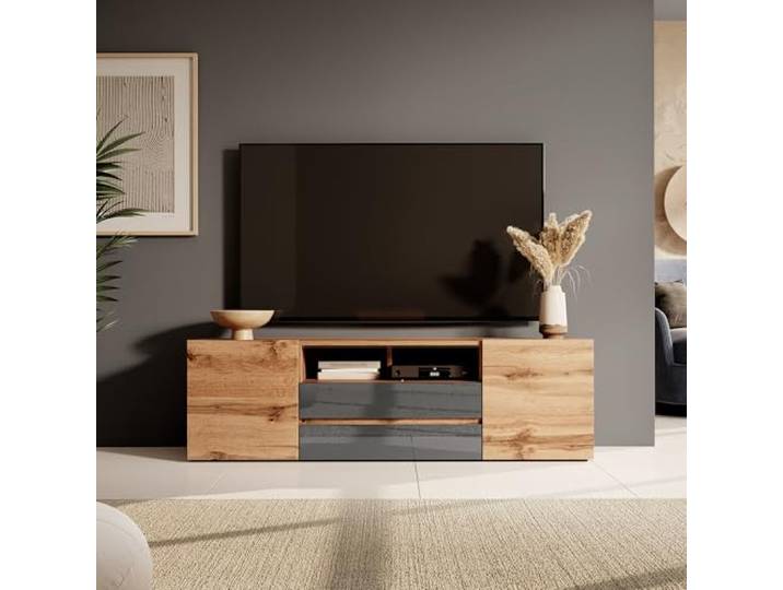 4ALL HOME TV-Schrank 137 cm Mila - TV-Lowboard - TV-Möbel - TV-Regal - Lowboard - Fernsehtisch - Sideboard - Fernsehschrank (Grau Glanz)
