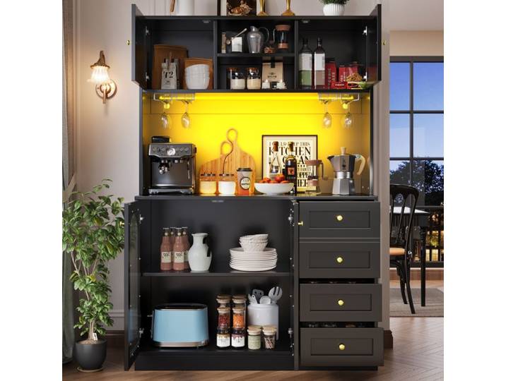 WOVREO Buffet haut 120 x 40 x 188 cm avec 6 portes 4 tiroirs LED intégrée porte-verres MDF noir