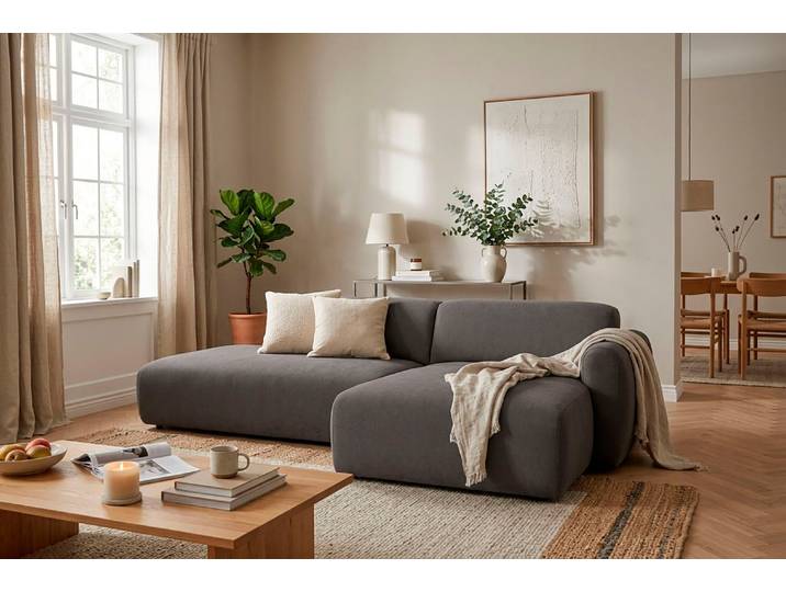 Ecksofa, Chenille, Grau 222×166 cm, Recamiere Rechts, Skandinavisch, andas