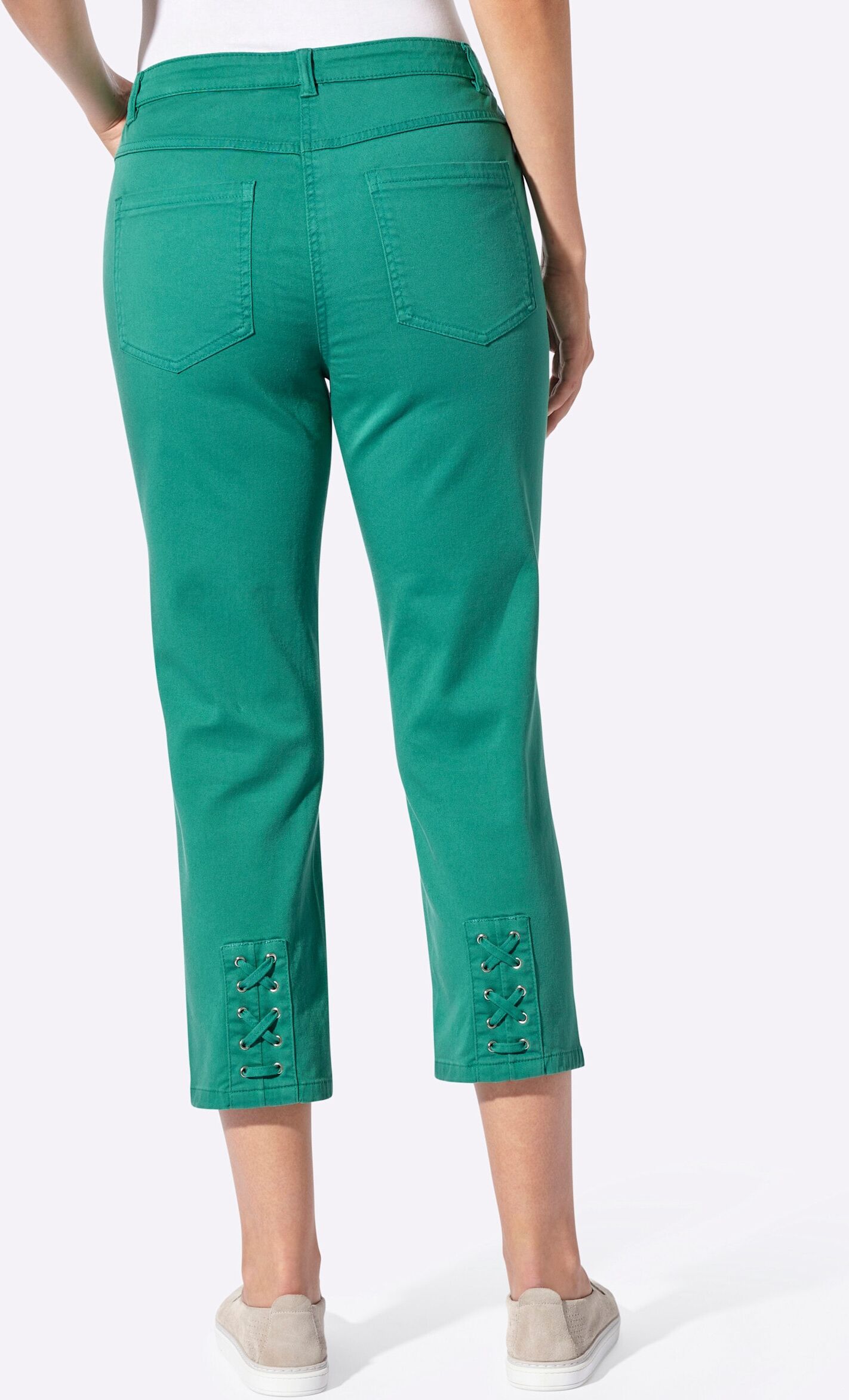 Bequeme Jeans WITT "Jeans 3/4-Jeans mit Bändchen-Verzierung", Damen, Gr. 48, N-Gr, smaragd, Denim/Jeans;Twill, , Sportlich, gerade, Jeans Bequeme Jeans