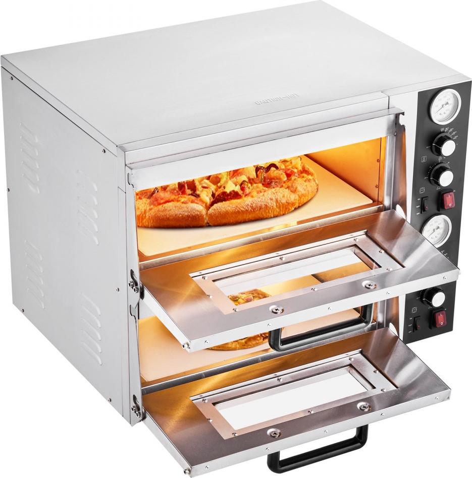 Elektrischer Pizzaofen 2500+2500W für 457mm Pizza - Pizzabackofen bis 450°C - Pizzamaker mit Temperatur- und Zeiteinstellung - Doppelkammer Pizzabackmaschine - Multifunktionaler Pizzamaschine