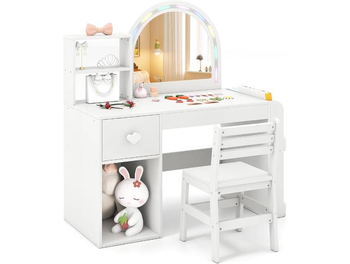 Costway – Coiffeuse Enfant Avec Miroir Lumineux – Bureau Avec Rangement Ouvert Et Tiroir – Miroir En Acrylique Incassable – Charge 50/75kg