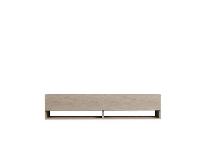 Toilinux - Meuble TV suspendu 2 portes basculantes effet travertin SIENNA - Beige