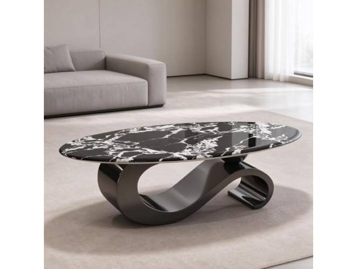 YHTCSXMD Moderner Ovaler Couchtisch mit Steinplatte Metallbasis Couchtisch mit 12mm Steinplatte, Doppelstütze und schwarzer Titanbasis für modernes Wohnzimmer, Sofa und Einrichtung