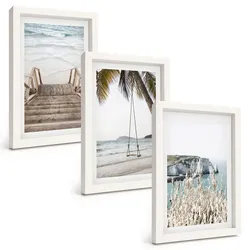 BILDER SET 3er Set - 20x30 cm Weißer Rahmen - Strandtreppe aus Holz, Schaukel