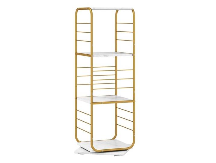 Étagère Pivotante à 360° à 4 Niveaux COSTWAY Cadre en Métal Bibliothèque d'Angle Rotatif sur Pieds 40 x 40 x 115 cm Or et Blanc