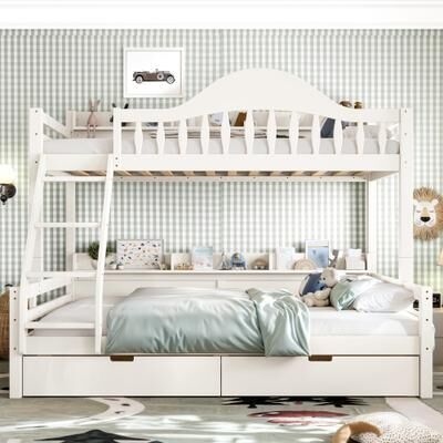 GREATPLANINC Solid Wood Bunk Bed with Storage Drawers Curved Guardrail Shelves Ladder