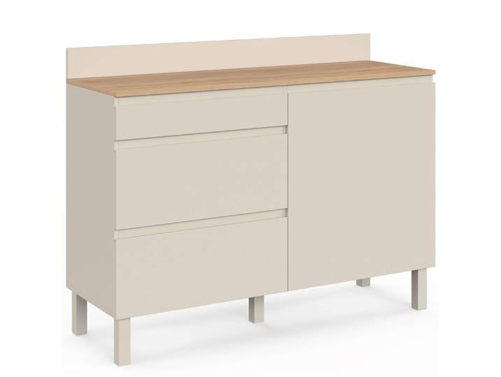 Idmarket – Buffet Bas Casserolier De Cuisine 120 Cm – 1 Porte – 3 Tiroirs – Hauteur Plan De Travail 83 Cm – Effet Bois Beige