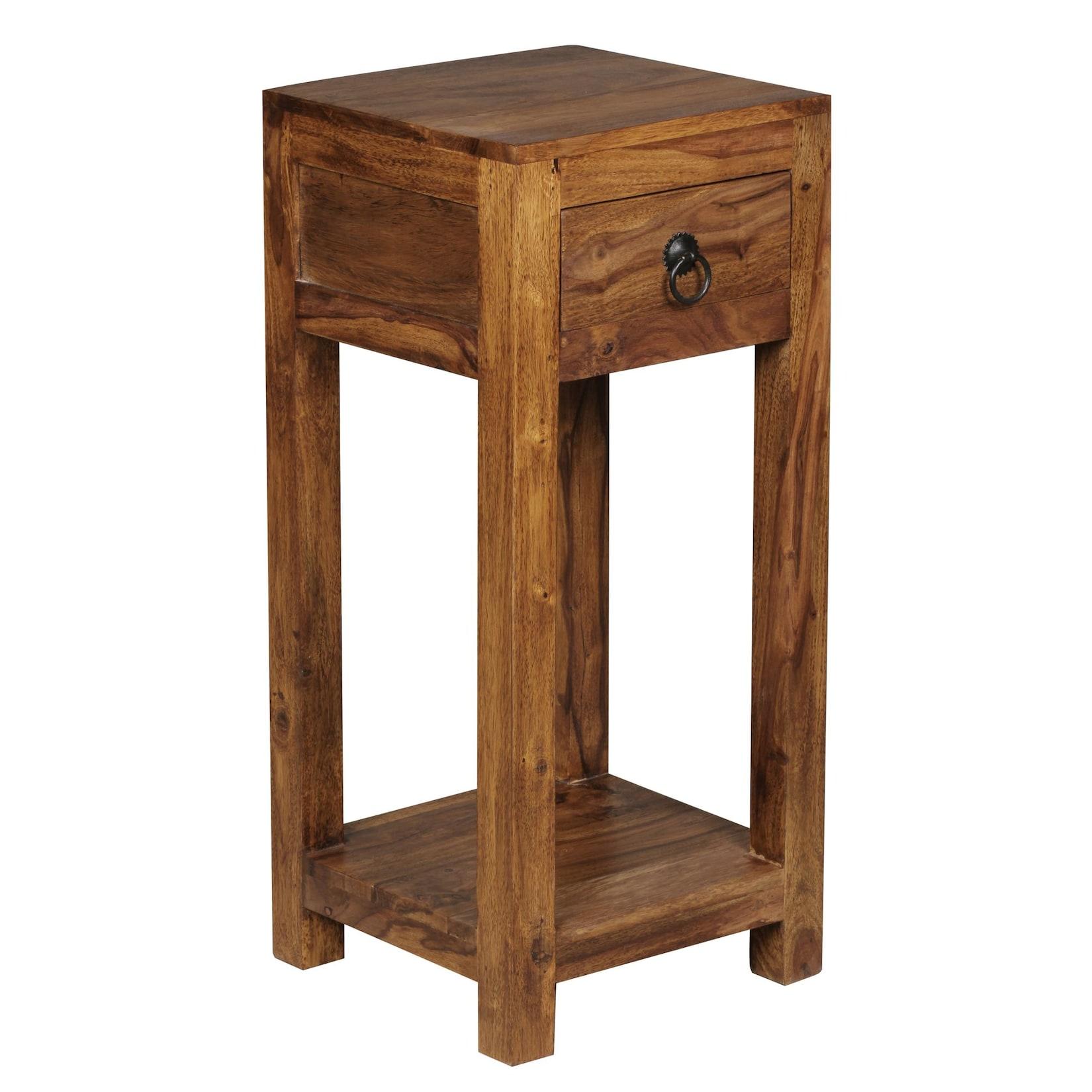 KADIMA DESIGN Massivholz Beistelltisch Sheesham, 30x30x68cm, mit Ablage und Schublade - Handgefertigt