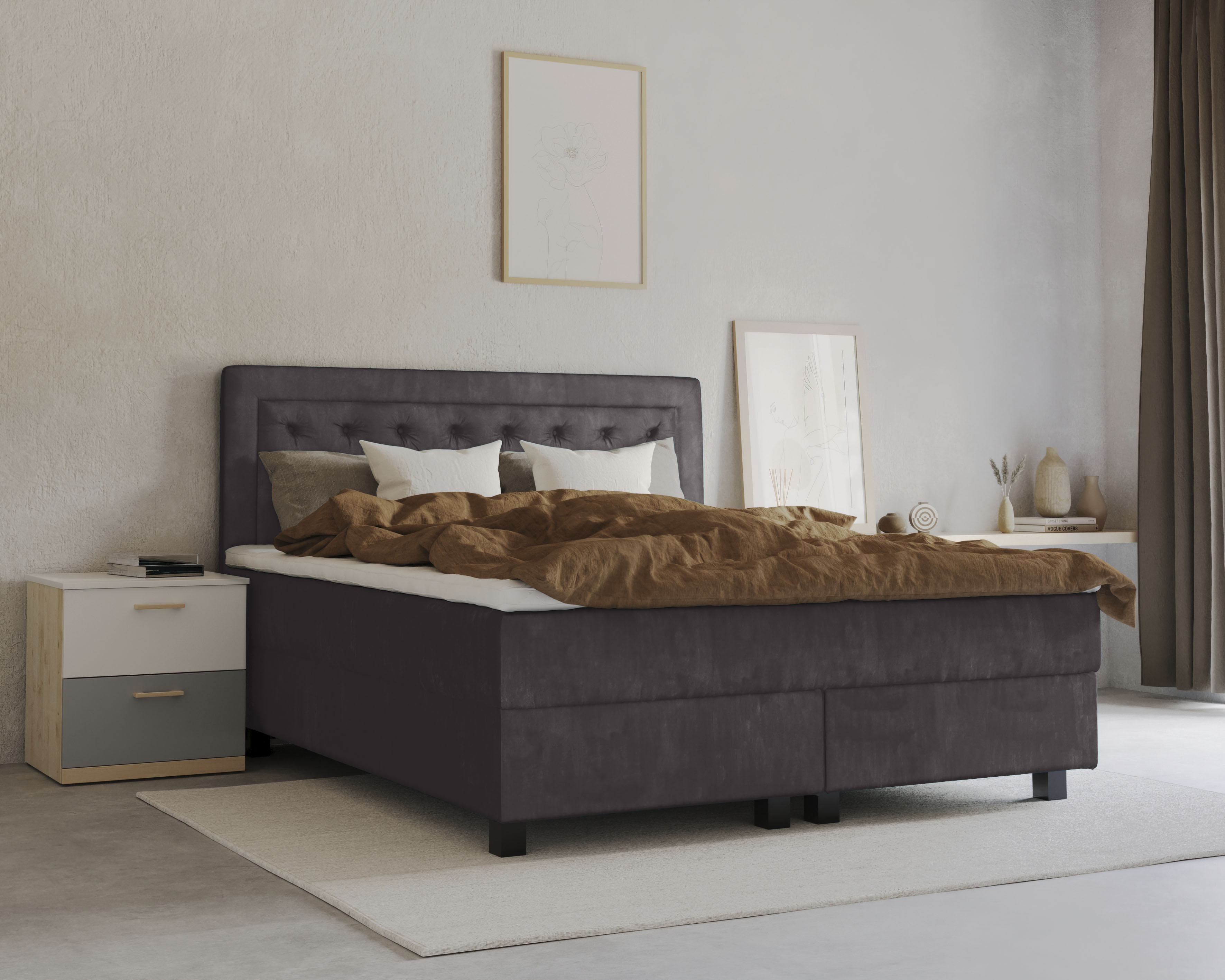 Boxspringbett HOME AFFAIRE "Jeanne", grau (anthrazit), B:181cm L:208cm, 100% Polyester, Komplettbetten, Boxspringbett, inkl. Topper mit Taschen-Federkernmatratze