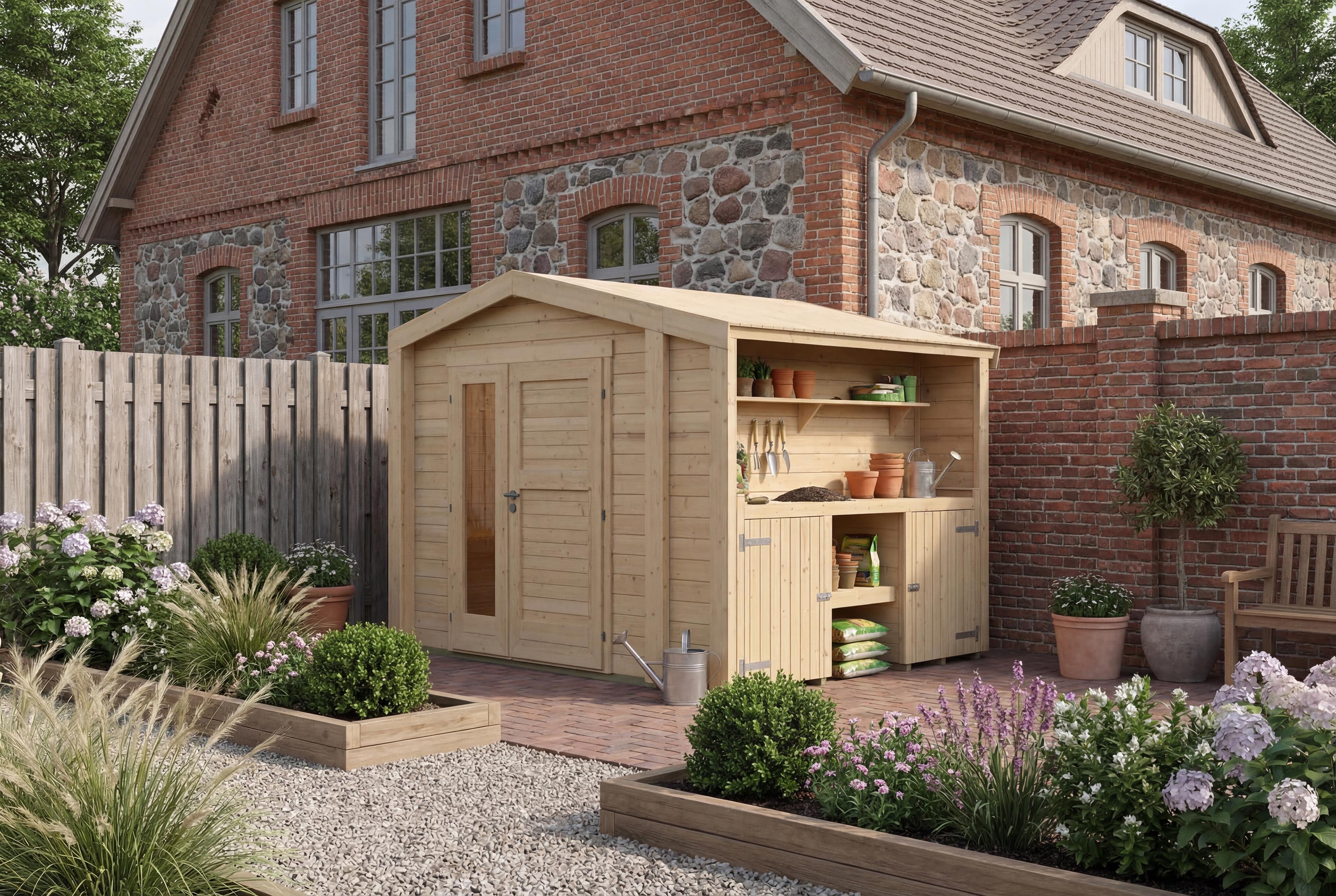 Gartenhaus Killarney, 300x250cm, Naturbelassen, 28mm, Pflanztisch, seitlicher Anbau