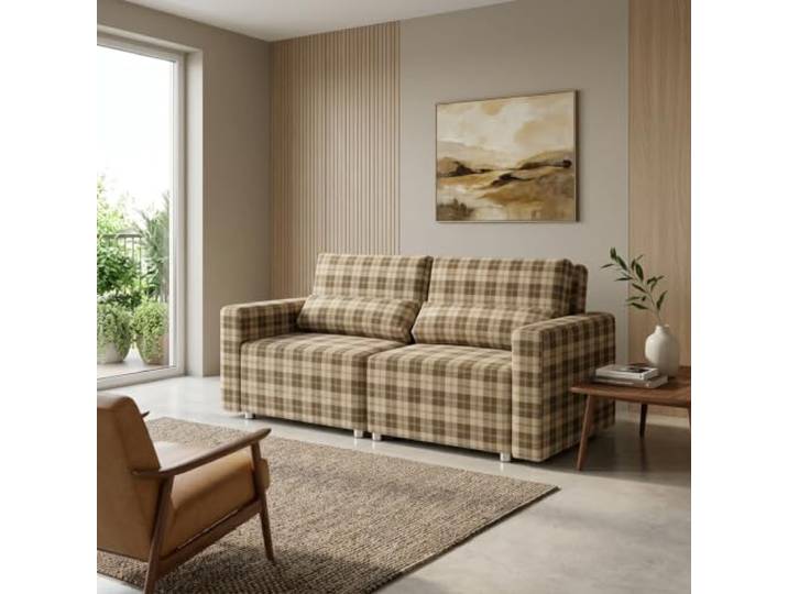 2-Sitzer-Sofa, ausziehbar, mit Stauraum, grau kariert, Komo Family Möbel