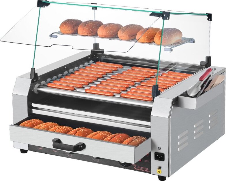11 Rollen Elektrogrill für Hot Dogs - Rollengrill mit Brötchenwärmer - Würstchengrill Maschine