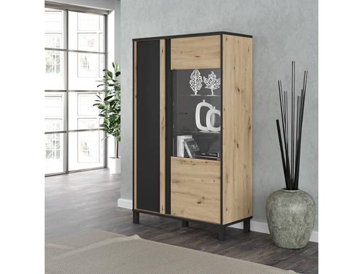 Forte HAYATO Vitrine 100, Moderne Highboardvitrine, 1-türig, Glasfront, Holzwerkstoff, Artisan Eiche Holzdekor/Schwarz, 95,4 cm breit x 158,8 cm hoch x 42 cm tief