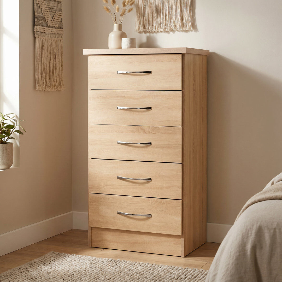 Latitude Run® Kosie 5 Drawer Narrow Chest Sonoma Oak Effect 93cm H X 50cm W