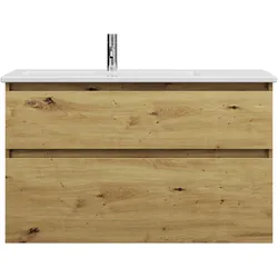 burgbad Lin20 Keramik-Waschtisch Weiß Glänzend inklusive Waschtischunterschrank, 2 Auszüge, linksbündig, 1030x495x622mm, SGHH103F5353C0001, Farbe: Eiche Dekor Urban