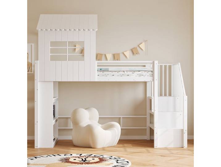 Lit mezzanine - MINIMAL - enfant 90x200 blanc pin cabane rangement garde-corps élevé échelle réversible simple jeune