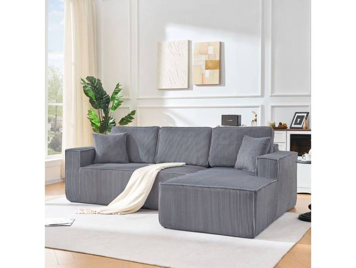 Canapé d'angle compressé modulable en corduroy avec chaise longue - ELVMI - gris 235 × 128 × 60 cm
