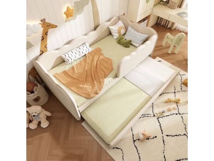 Lit de jour capitonné 90x190cm canapé-lit avec lit gigogne 90x190cm lit enfant à lattes lin beige sans matelas