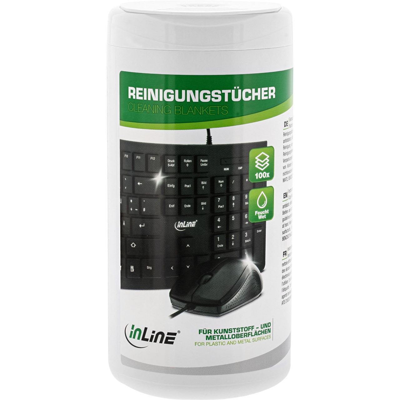 InLine feuchte Computerreinigungstücher Kunststoff / Metall Reinigungstücher 100 Stück Spenderdose (43200)