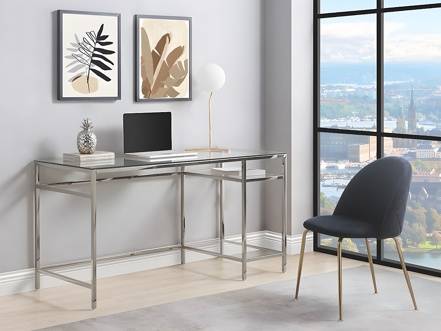 Vente-unique Schreibtisch mit 2 Ablagen - Glas & Stahl - Silberfarbe - TIZIO 906621