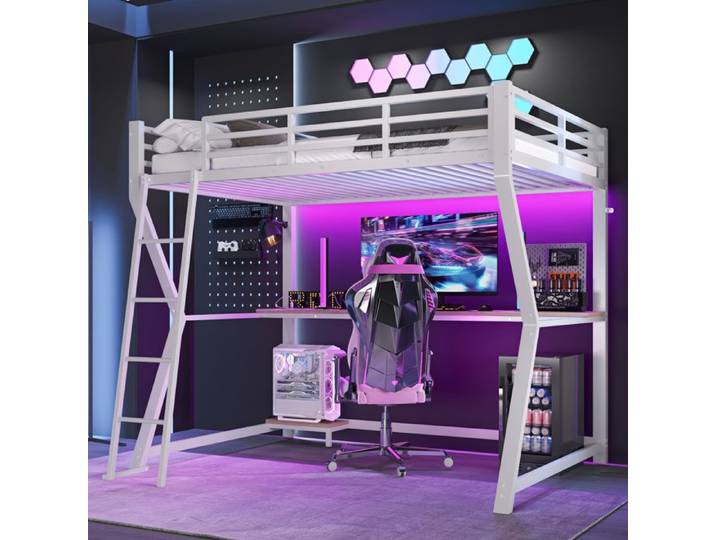 Lit Mezzanine Métal - MERAX - 90x200 - Bureau Gaming - LED Intégrée - Blanc