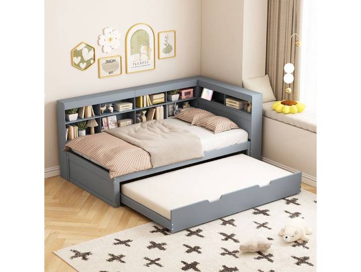 Canapé lit 90x200cm - Lit gigogne 90x190cm - Avec prise USB - 10 rangements - Bois massif - Gris