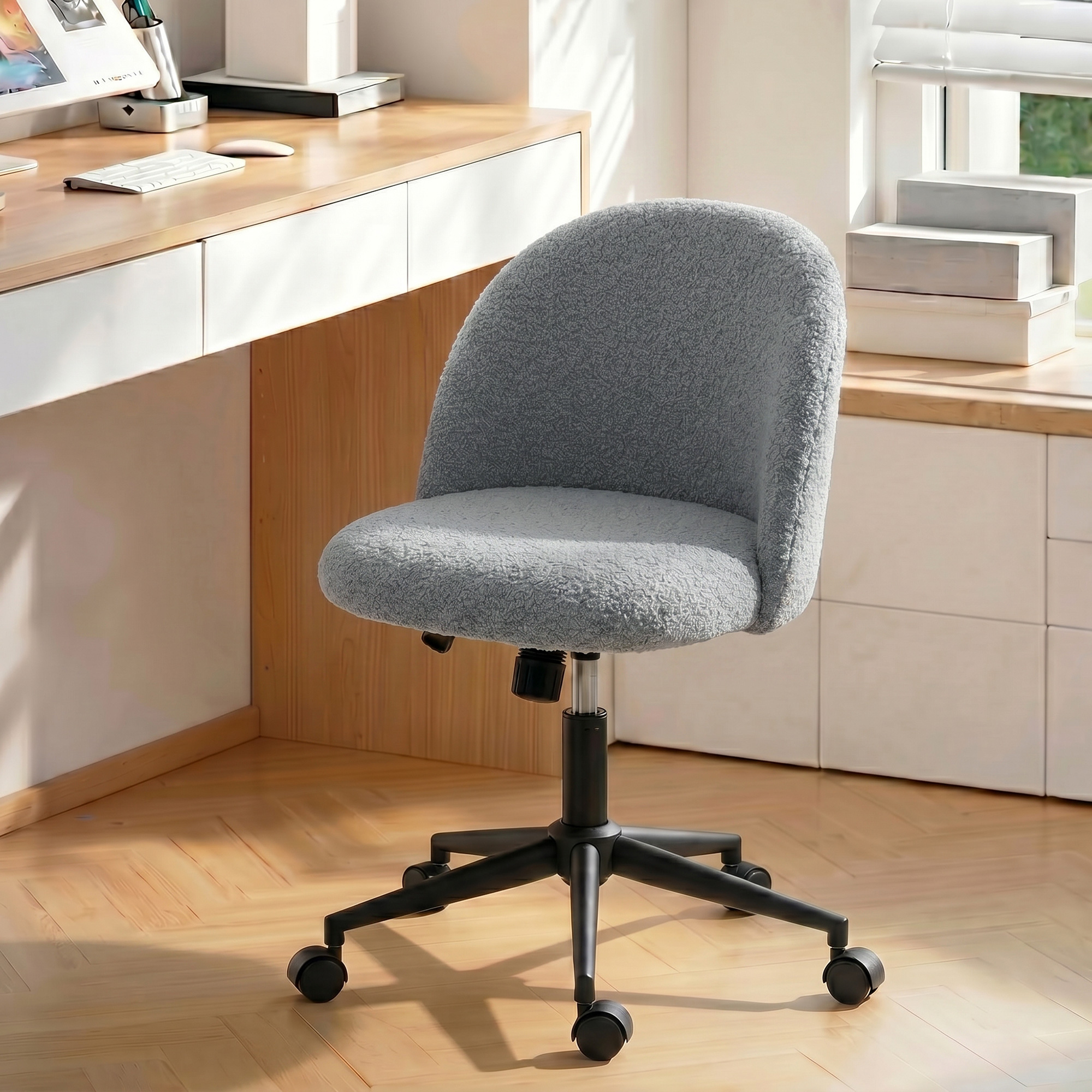 Homcom Sedia ufficio girevole in tessuto teddy regolabile con ruote, Grigio   Aosom Italy