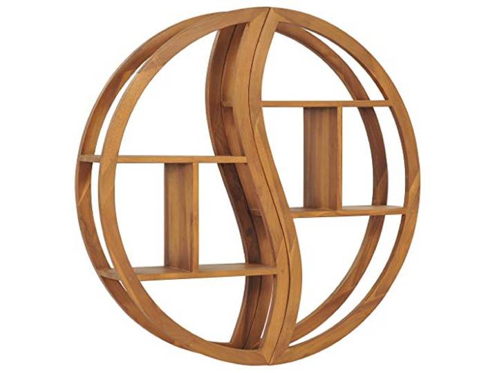 HKTMGDNG Wandregal Yin und Yang Teak Massivholz 100x20x100 cm Fernöstliches Holzregal aus 2 Hälften für Wohnzimmer und Flur, flexibel nutzbar als rundes Wandboard oder getrennt.