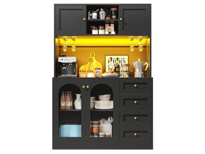 Buffet de cuisine - Modèle: 4 portes - Verre cannelé - LED contrôlable par smartphone - Noir