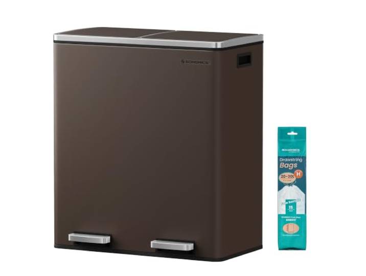 SONGMICS Mülleimer, 60 l, Metall-Trittbehälter, mit Zwei Fächern, Kunststoff-Inneneimer und Klappdeckel, Griffe, weicher Verschluss, luftdicht, braun
