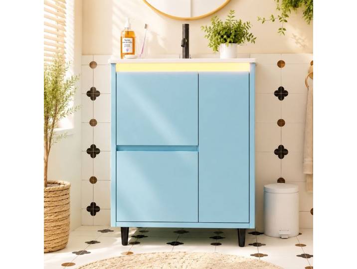Norevia meuble vasque bleu sur pieds avec vasque intégrée en céramique 61 cm