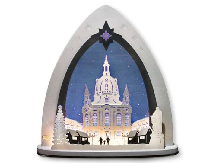 weigla - LED Lichterspitze original Erzgebirge I Motiv Dresdner Frauenkirche I LED Lichterbogen Weihnachten I Größe 52 x 53,5 x 9 cm I beleuchtete Weihnachtsdeko innen I aus Holz