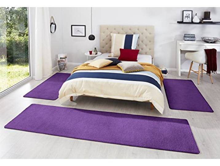 HANSE Home Tapis de Tour de lit Fancy 3 pièces - Descente de lit en Velours - Tapis à Poils Courts - Couleur Unie - pour Chambre d'enfant\, Chambre à Coucher - Violet - 2 x 67 x 140 cm - 1 x 67 x 250