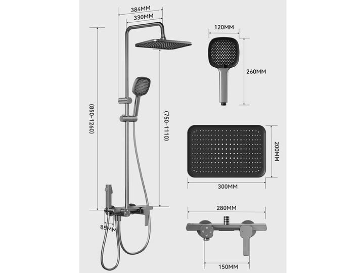 Ensemble de douche mural 4 voies effet pluie, mitigeur de douche en aluminium gris avec douchette à main